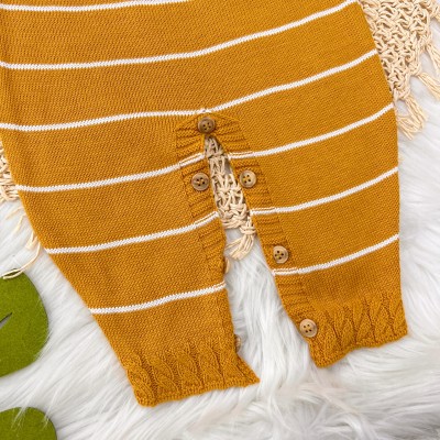 Jardineira Longa de  Linha - Mostarda com Listras Brancas